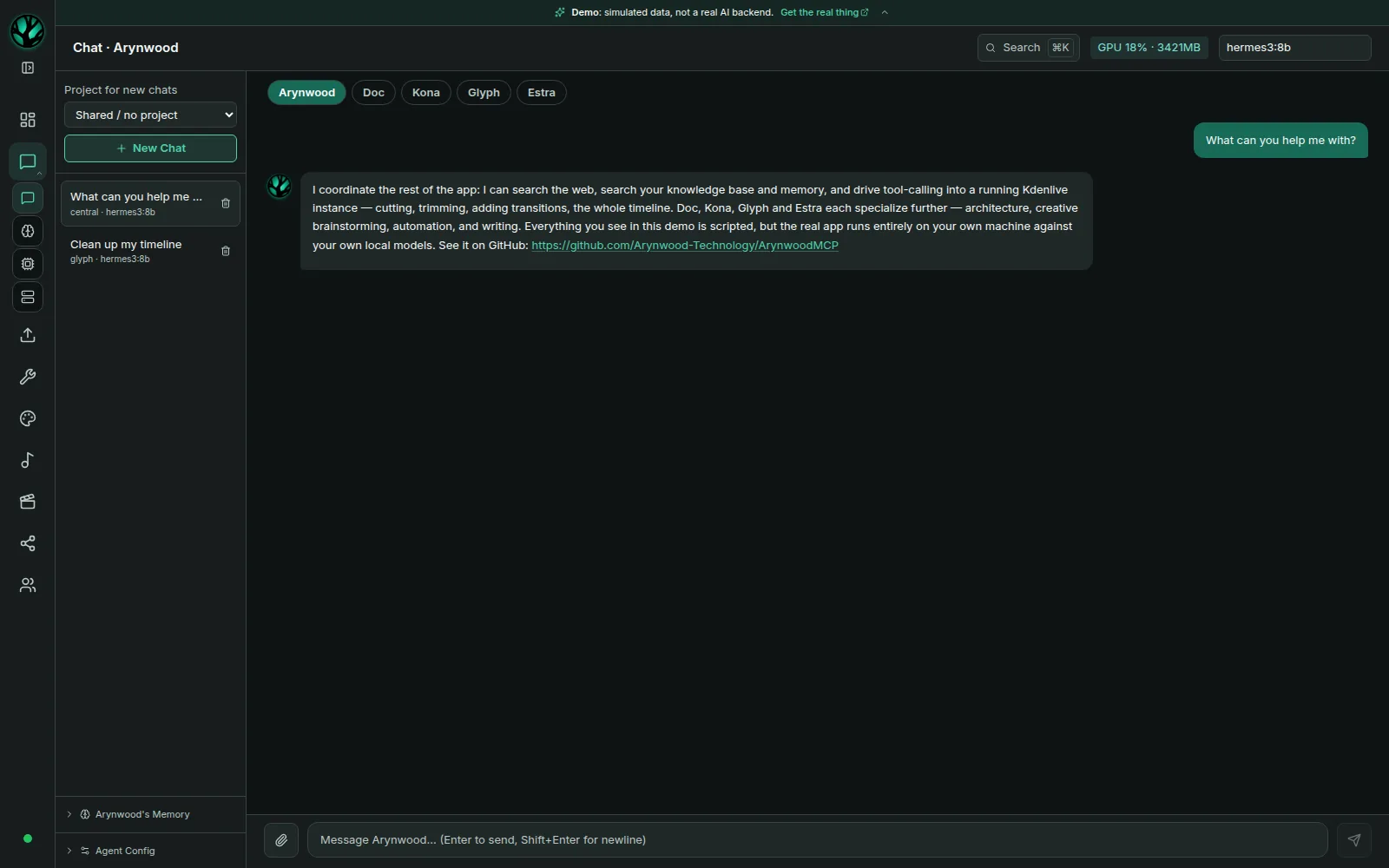 Arynwood MCP chat window with persona tabs and a conversation