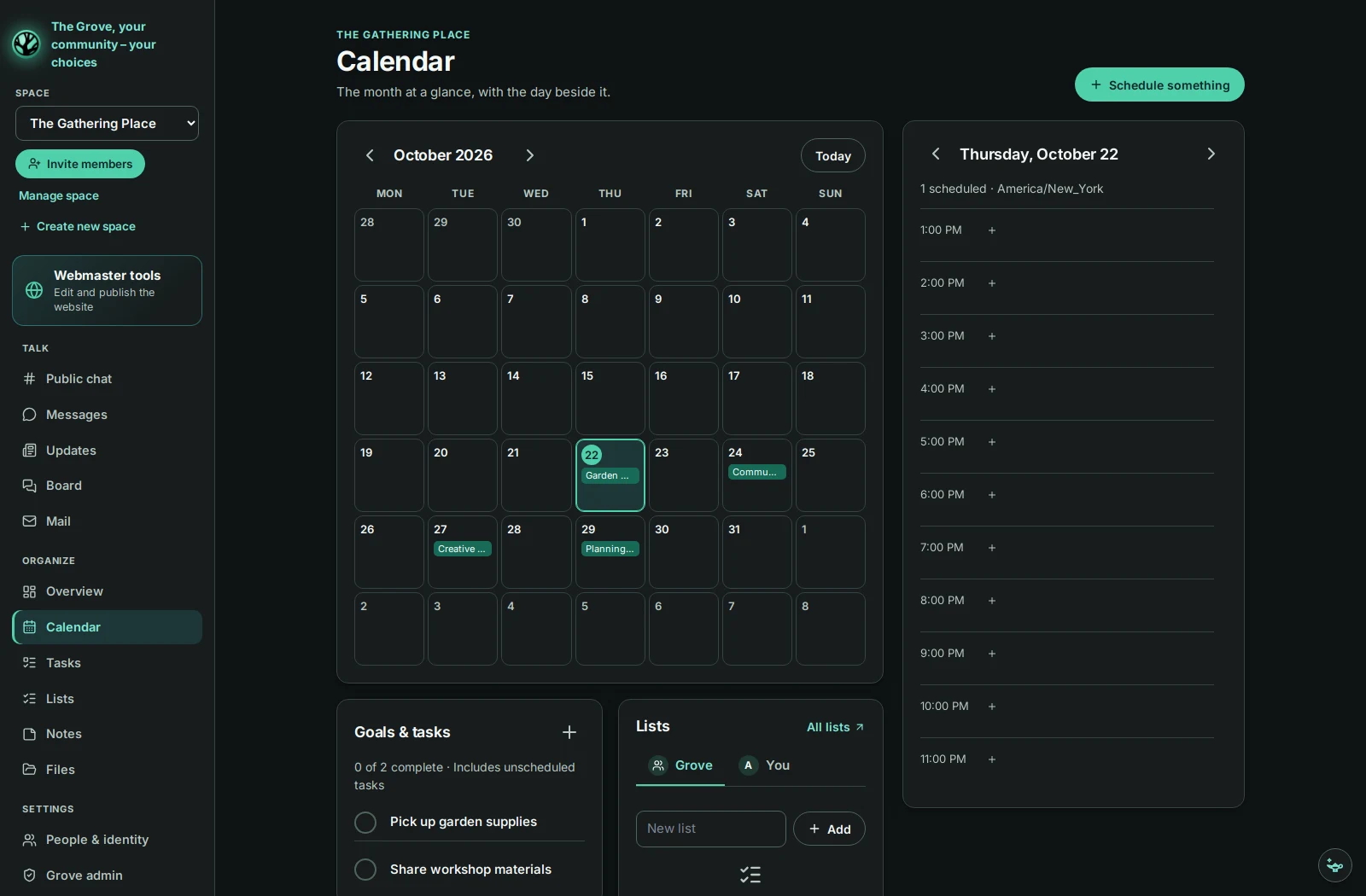 Grove calendar screen with fictional demo content