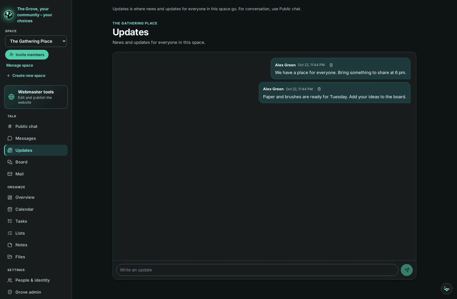 Grove discussion screen with fictional demo content