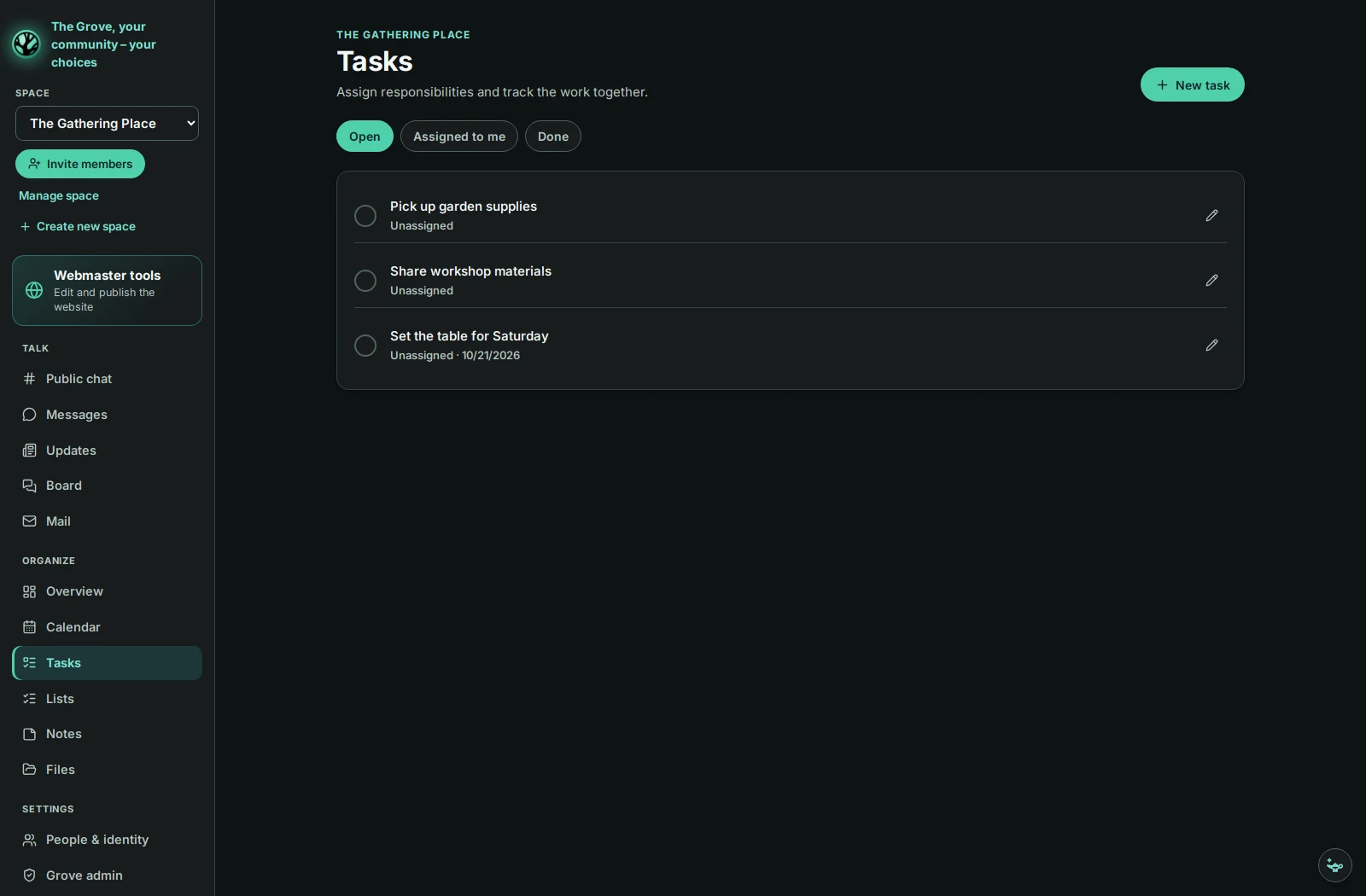 Grove tasks screen with fictional demo content