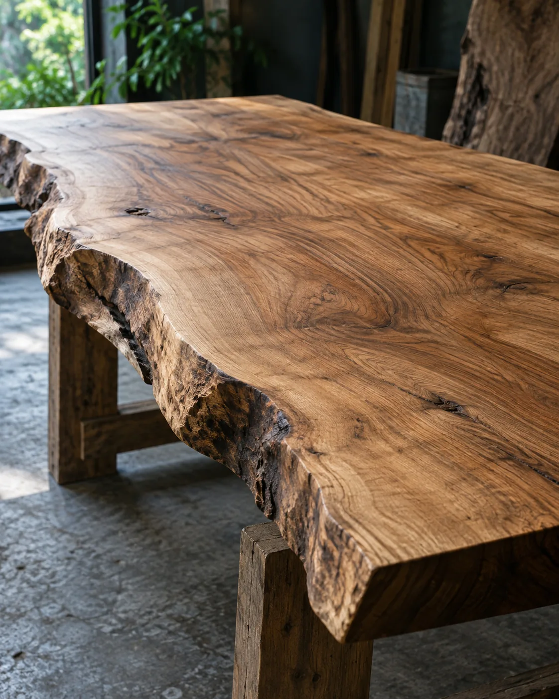 Illustrative view of a natural wood slab with a warm matte surface and an organic edge